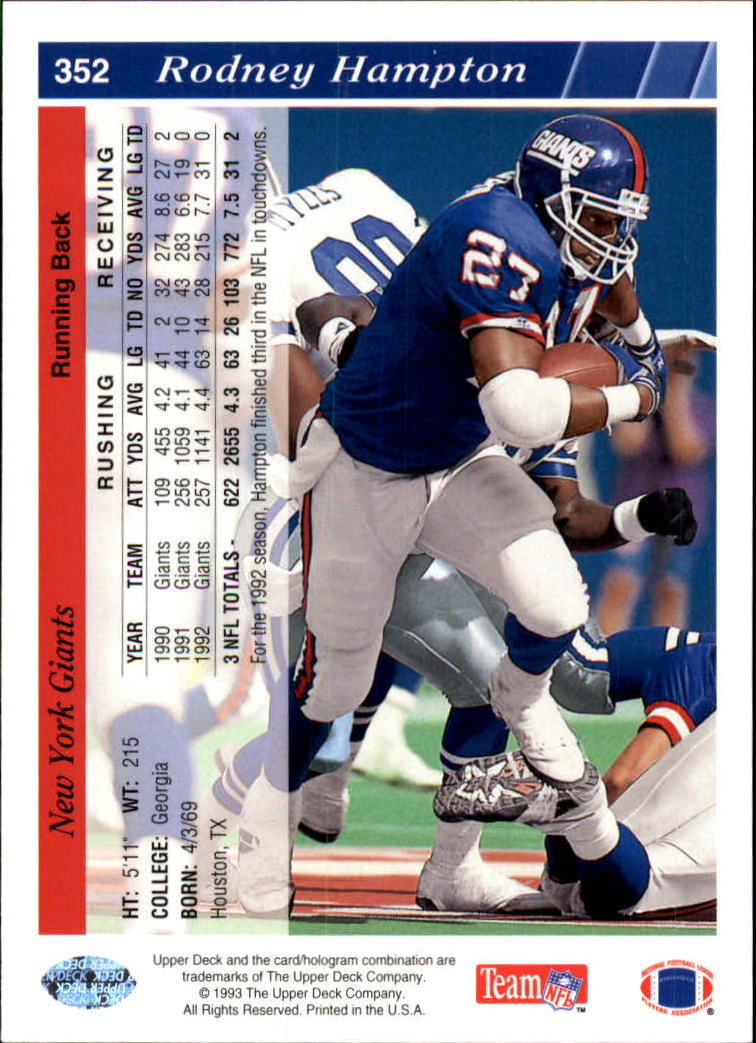 1993 Upper Deck Football "Main Set" Cards #251 to #500 Rookies and Veterans - Picture 204 of 500