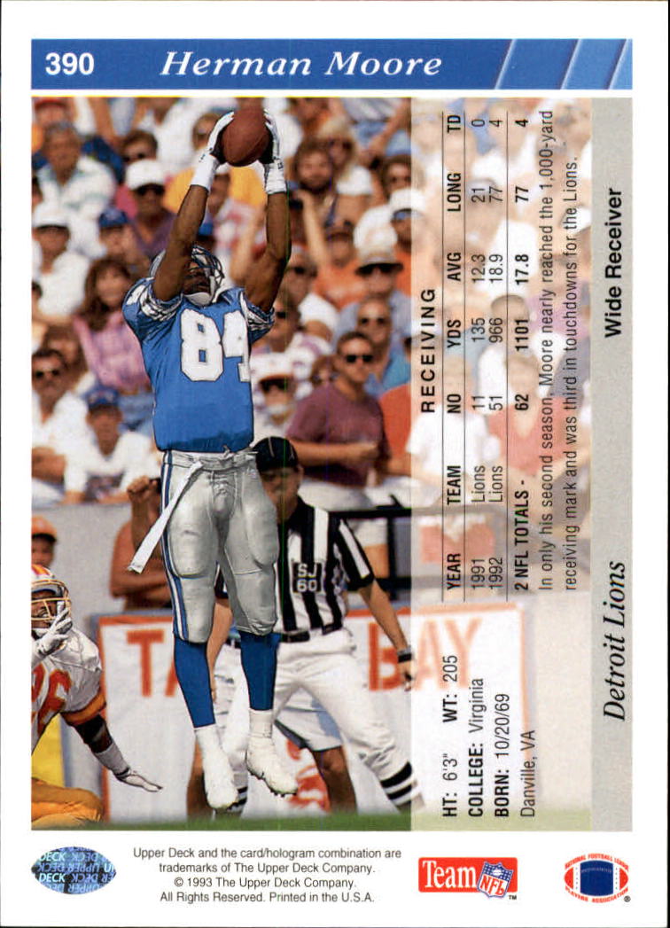 1993 Upper Deck #390 Herman Moore back image