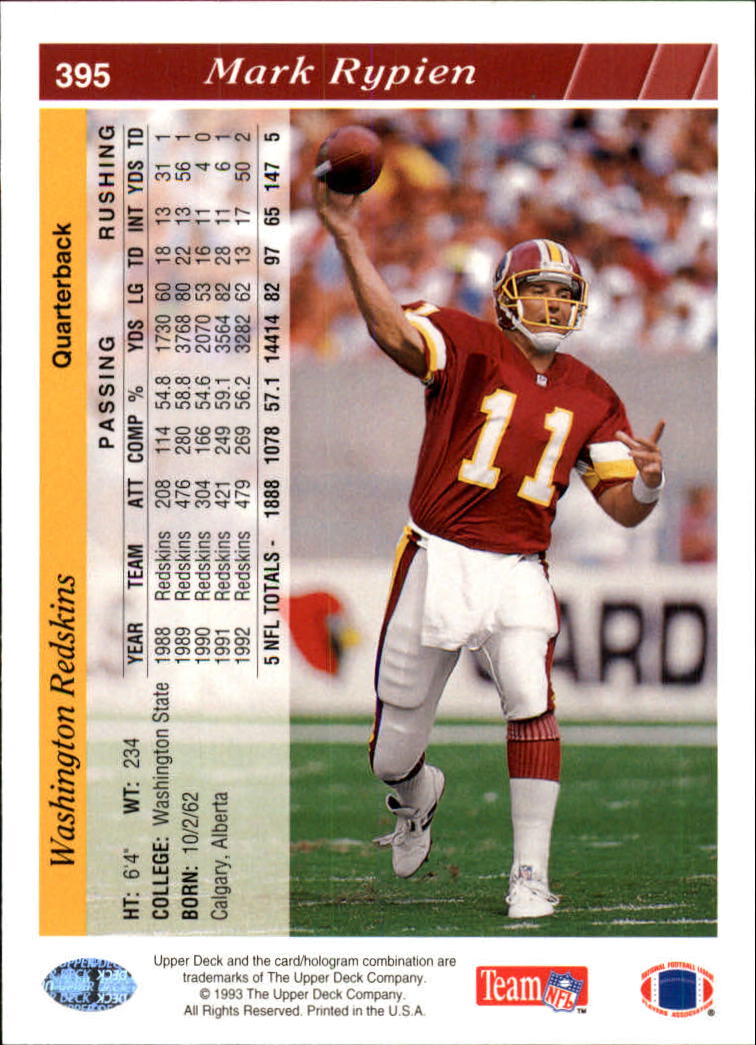 1993 Upper Deck Football "Main Set" Cards #251 to #500 Rookies and Veterans - Picture 290 of 500