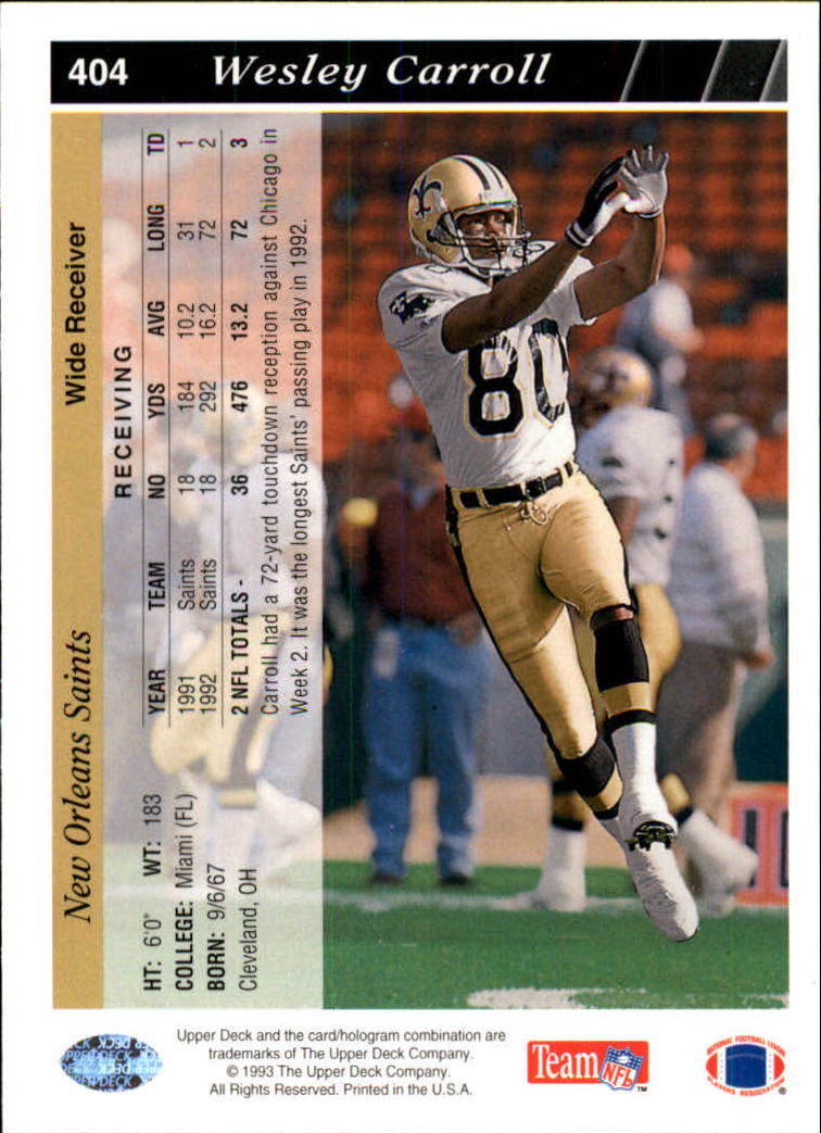 1993 Upper Deck Football "Main Set" Cards #251 to #500 Rookies and Veterans - Picture 308 of 500