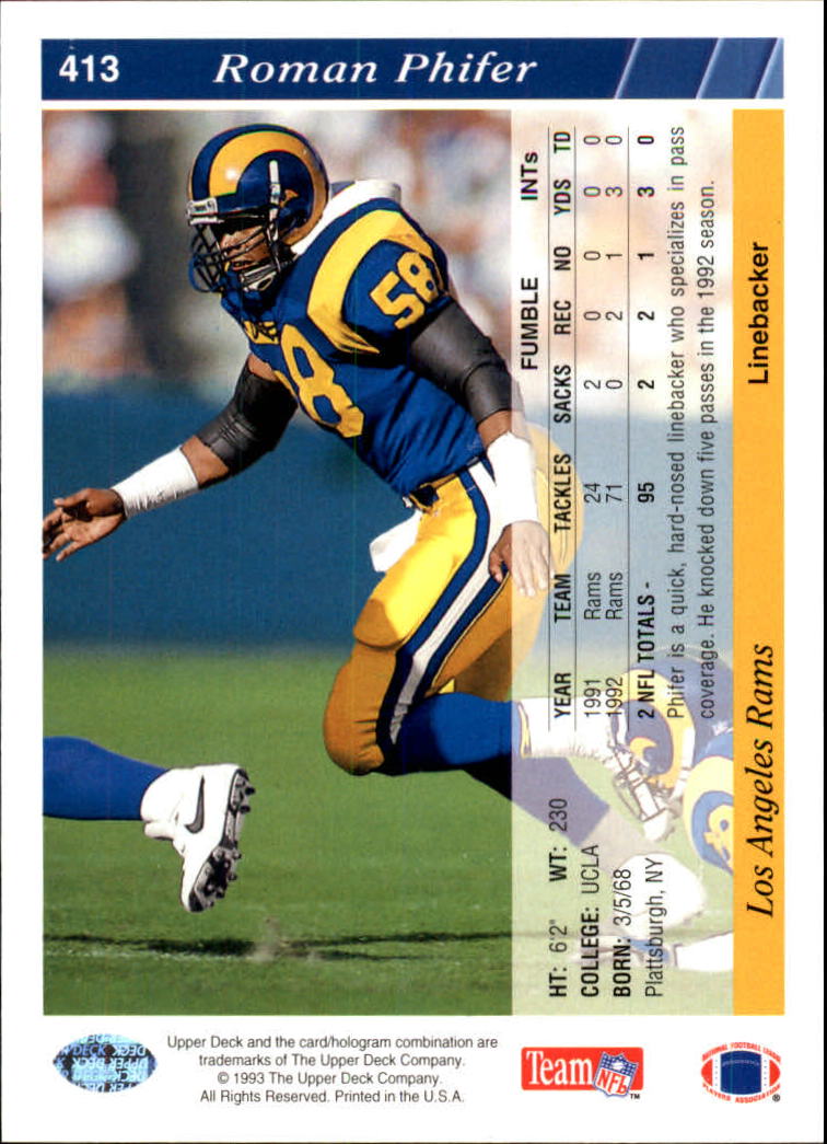 1993 Upper Deck Football "Main Set" Cards #251 to #500 Rookies and Veterans - Picture 326 of 500
