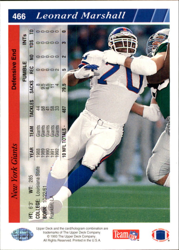 1993 Upper Deck Football "Main Set" Cards #251 to #500 Rookies and Veterans - Picture 432 of 500
