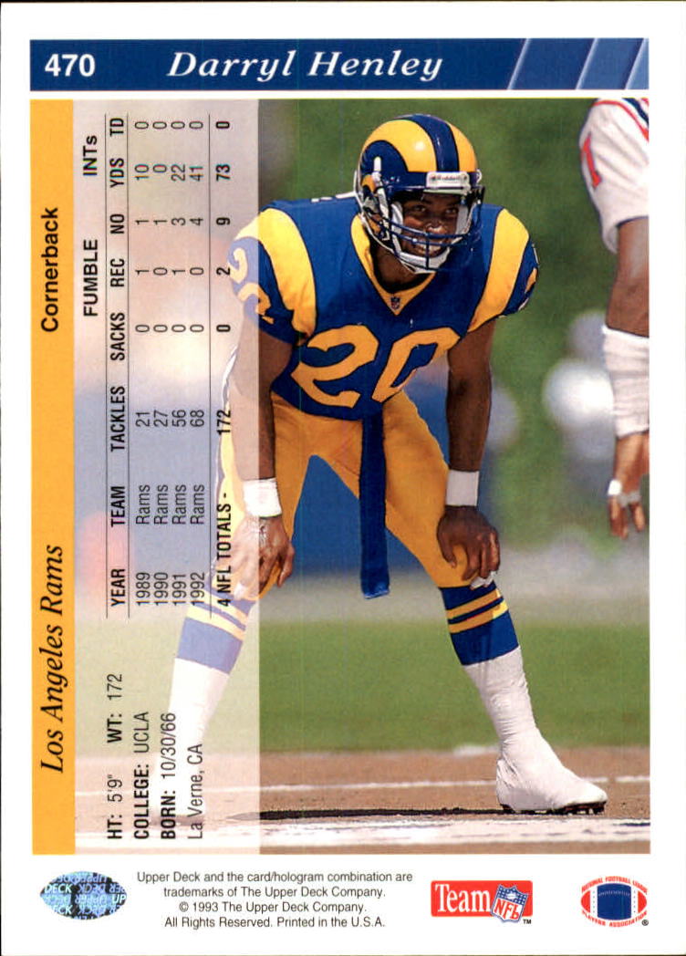 1993 Upper Deck Football "Main Set" Cards #251 to #500 Rookies and Veterans - Picture 440 of 500