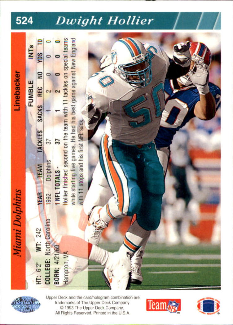 1993 Upper Deck #524 Dwight Hollier RC back image