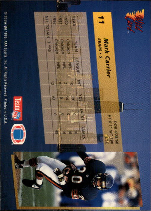 1993 Wild Card #11 Mark Carrier DB back image