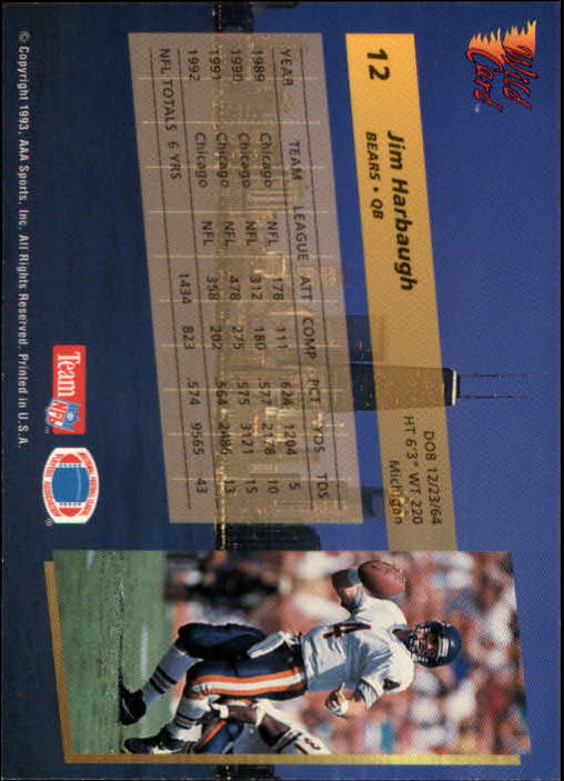 1993 Wild Card #12 Jim Harbaugh back image