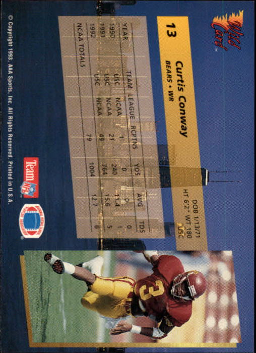 1993 Wild Card #13 Curtis Conway RC back image