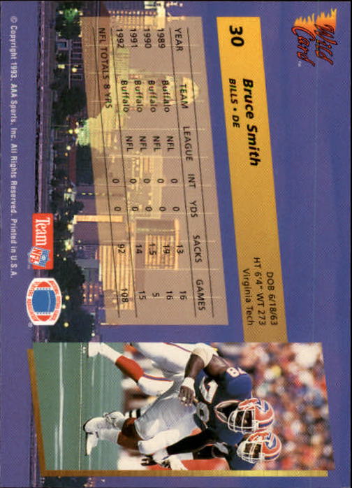 1993 Wild Card #30 Bruce Smith back image