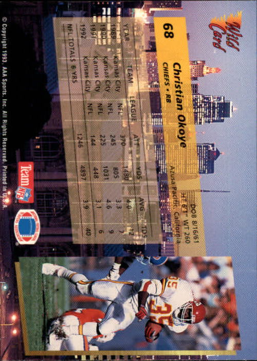 1993 Wild Card #68 Christian Okoye back image