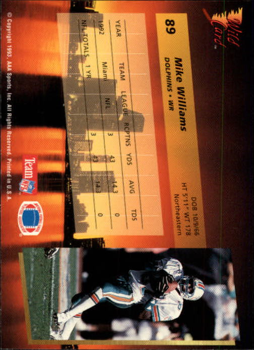 1993 Wild Card #89 Mike Williams WR RC back image