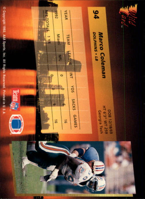1993 Wild Card #94 Marco Coleman back image