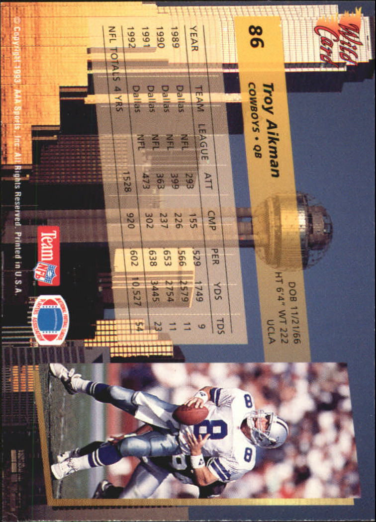 1993 Wild Card Superchrome #86 Troy Aikman back image