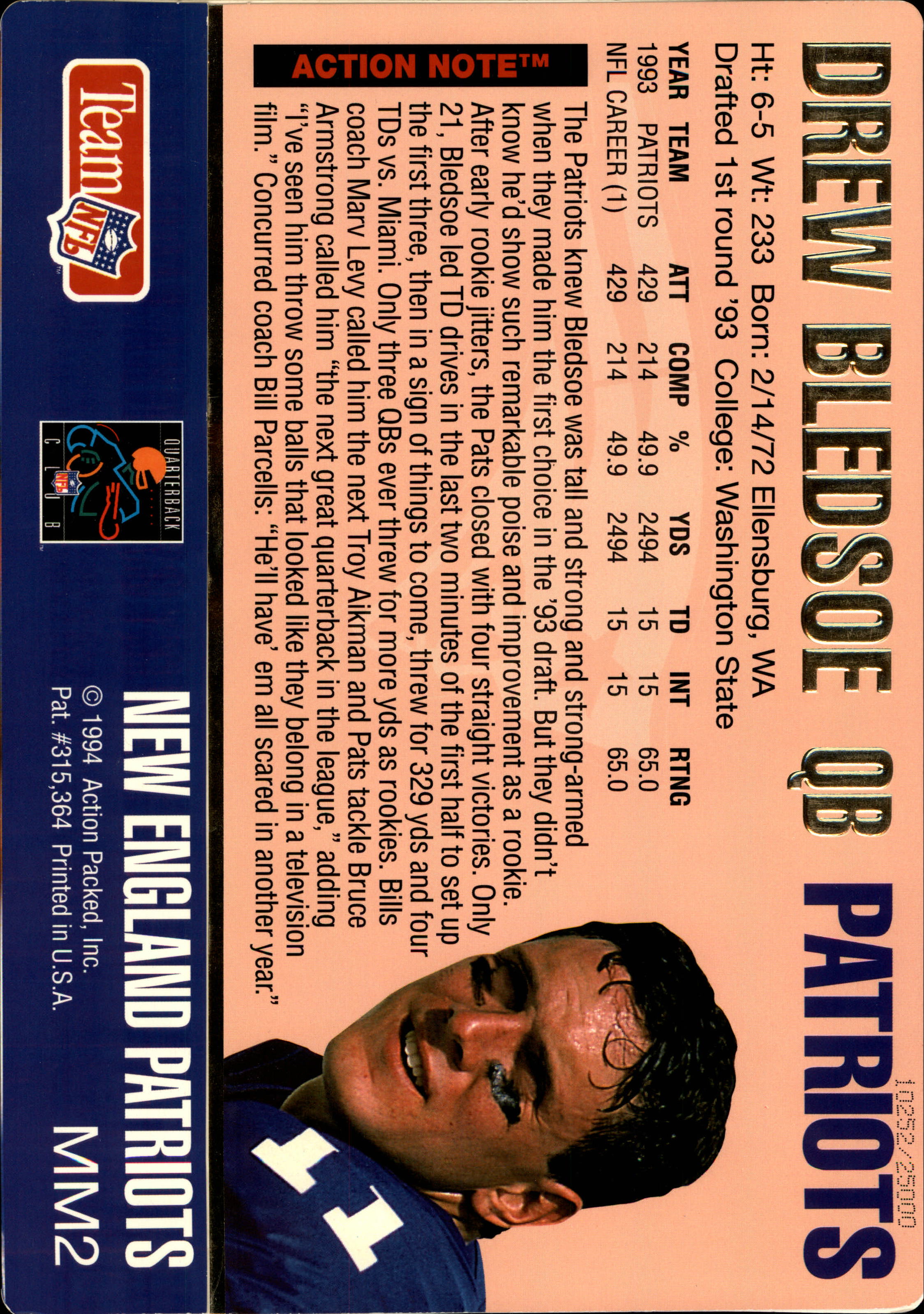 1994 Action Packed Mammoth #MM2 Drew Bledsoe back image