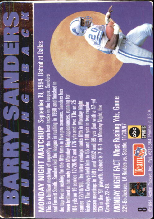 1994 Action Packed Monday Night Football #8 Barry Sanders back image