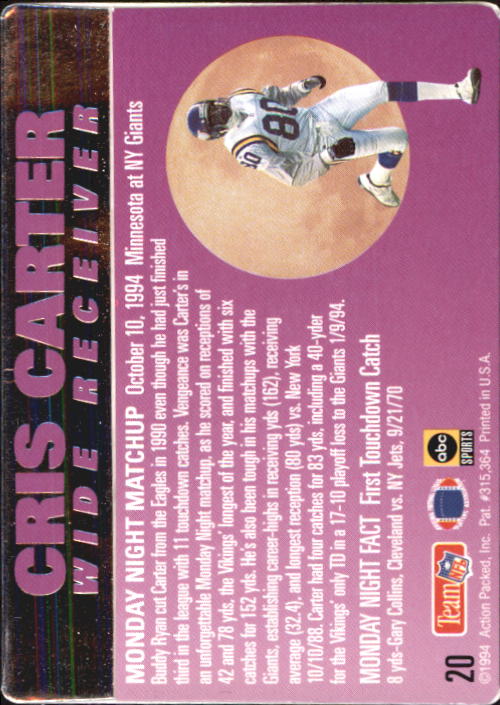 1994 Action Packed Monday Night Football #20 Cris Carter back image