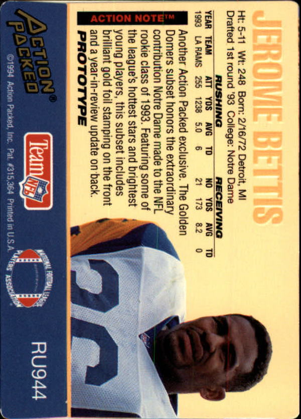 1994 Action Packed Prototypes #RU944 Jerome Bettis back image