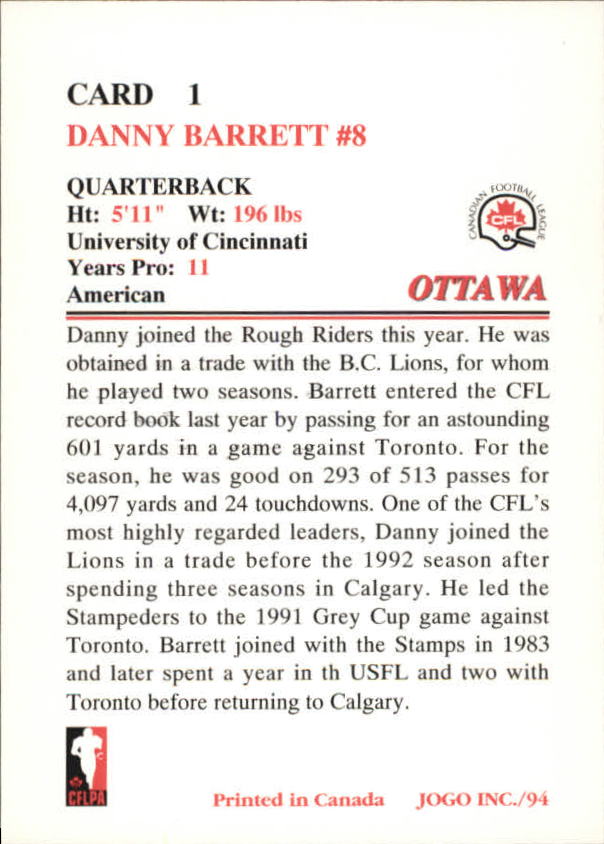 1994 JOGO #1 Danny Barrett back image