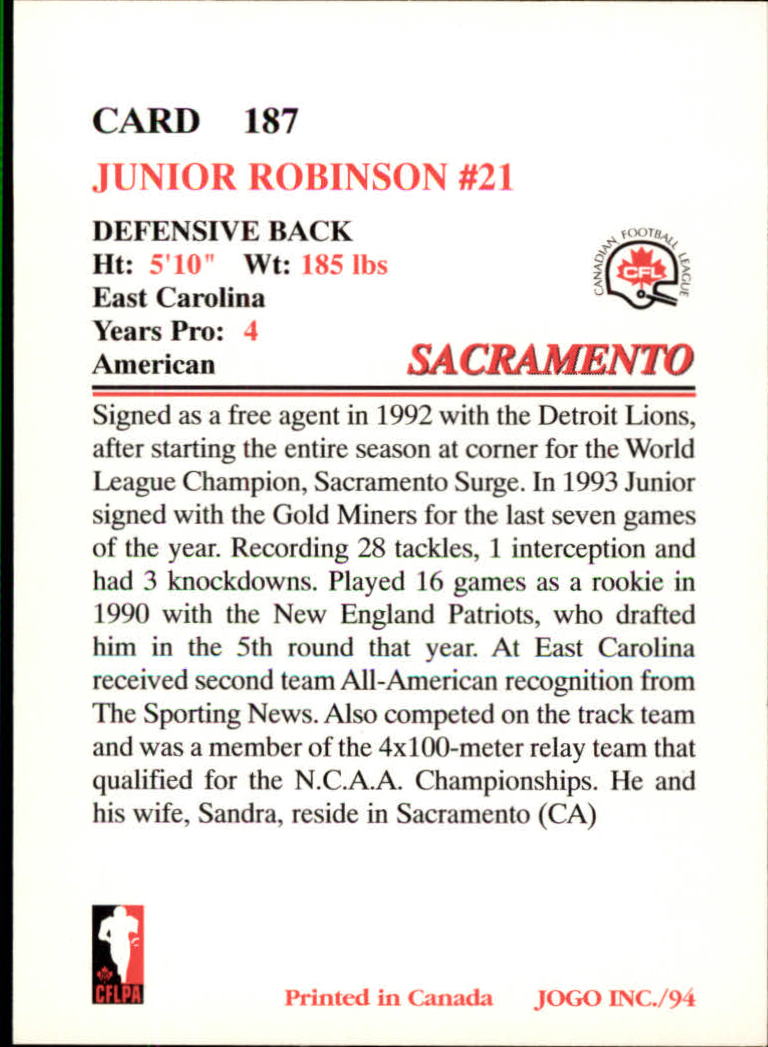 1994 JOGO #187 David Robinson Jr. back image