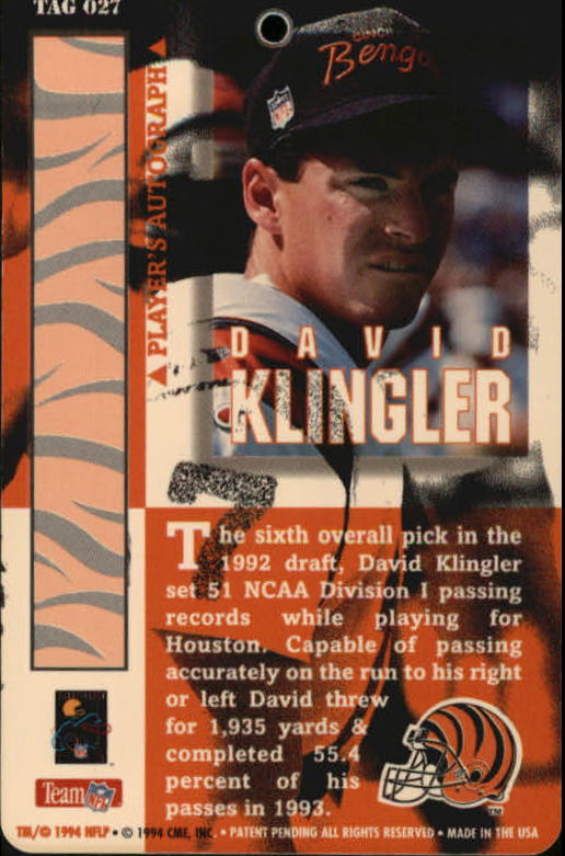 1994 Pro Tags #27 David Klingler back image