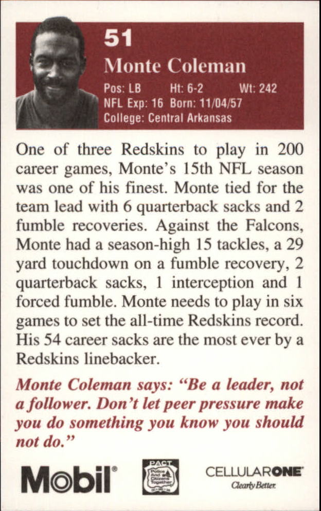 1994 Redskins Police #2 Monte Coleman - NM-MT - Steve Taft