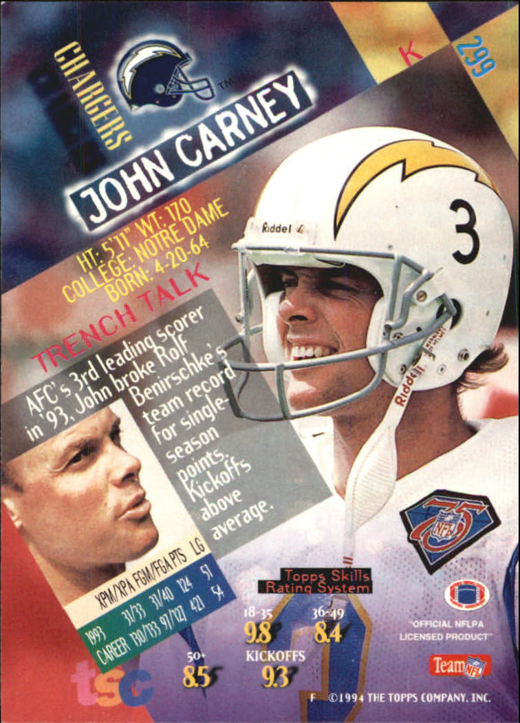 1994 Stadium Club Super Bowl XXIX #299 John Carney back image