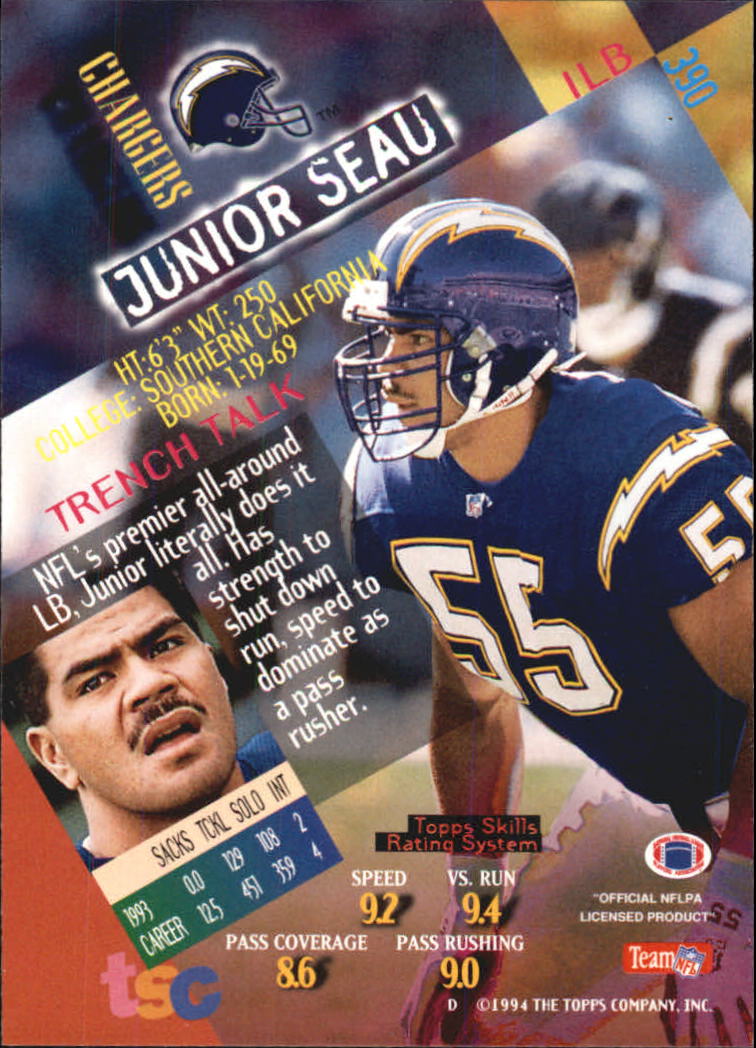 1994 Stadium Club Super Bowl XXIX #390 Junior Seau back image
