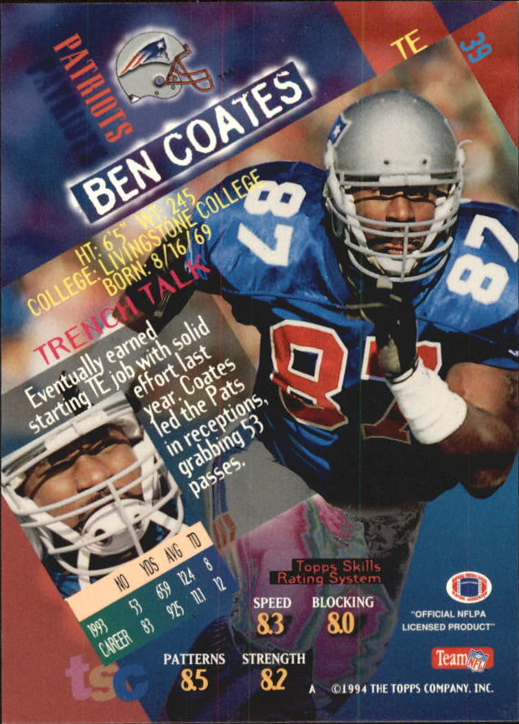 1994 Stadium Club Super Teams Super Bowl #39 Ben Coates back image