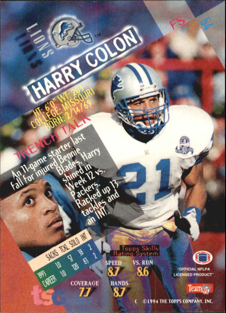 1994 Stadium Club Super Teams Super Bowl #54 Harry Colon back image