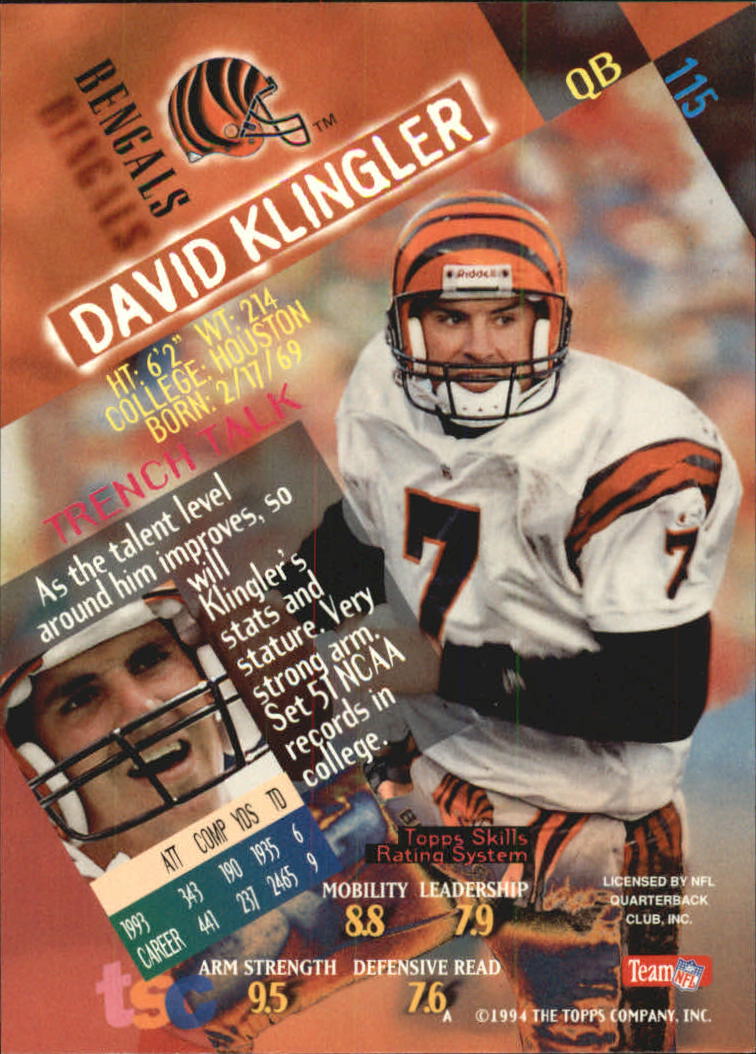 1994 Stadium Club Super Teams Super Bowl #115 David Klingler back image
