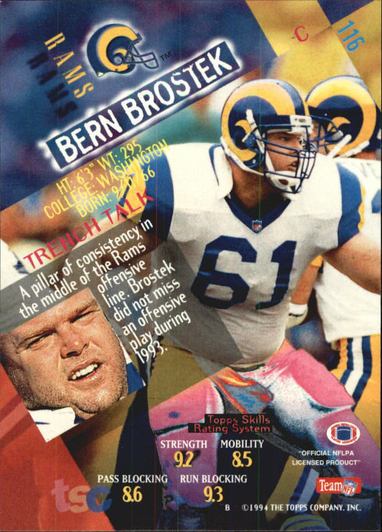 1994 Stadium Club Super Teams Super Bowl #116 Bern Brostek back image