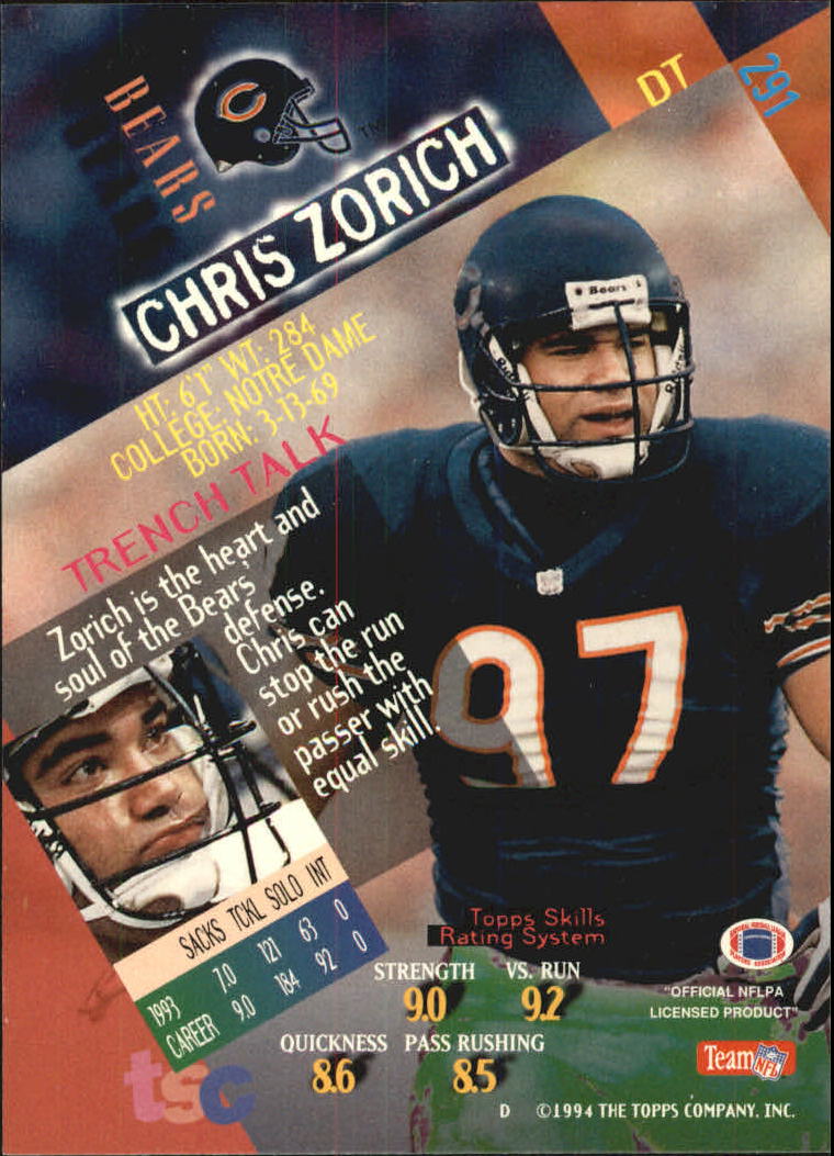 1994 Stadium Club Super Teams Super Bowl #291 Chris Zorich back image