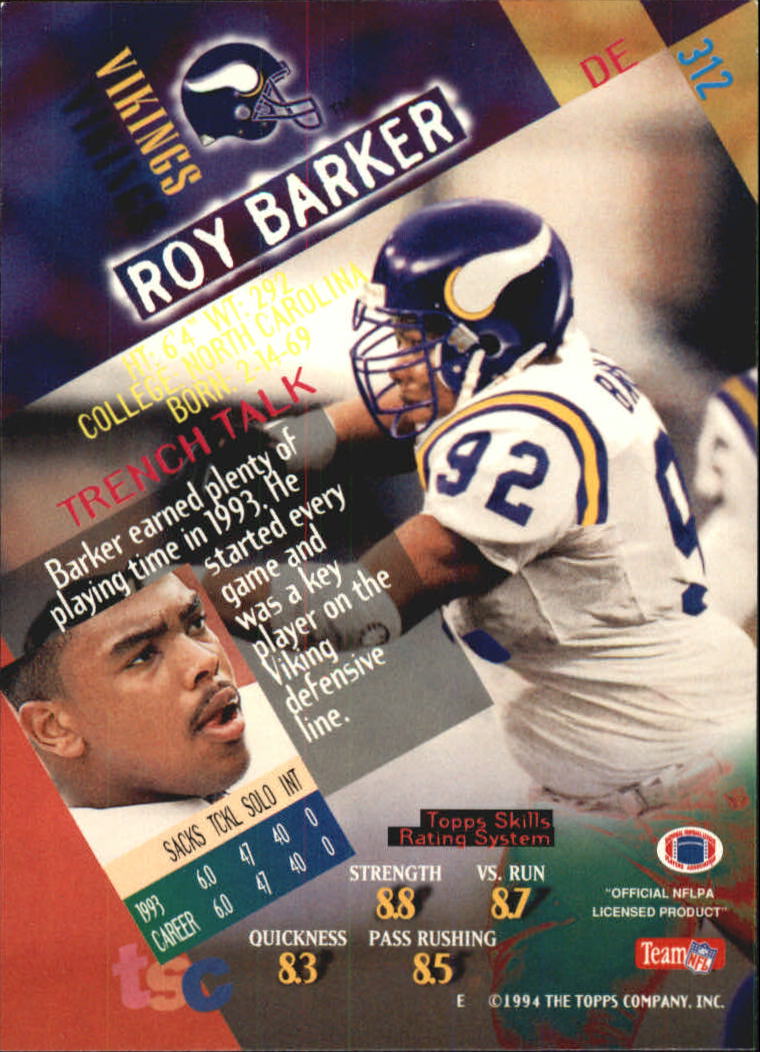1994 Stadium Club Super Teams Super Bowl #312 Roy Barker back image