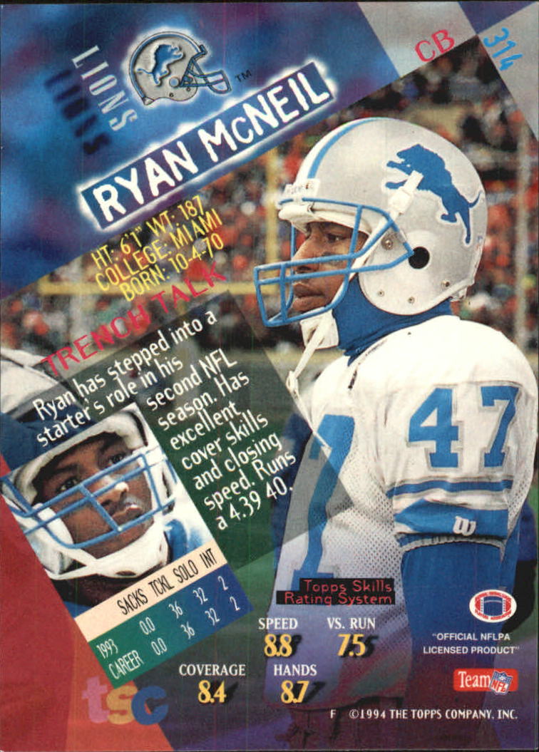 1994 Stadium Club Super Teams Super Bowl #314 Ryan McNeil back image