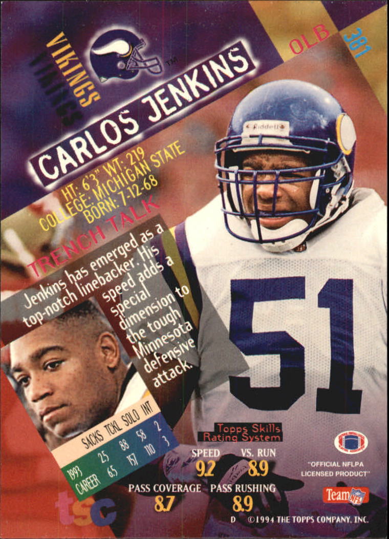 1994 Stadium Club Super Teams Super Bowl #381 Carlos Jenkins back image