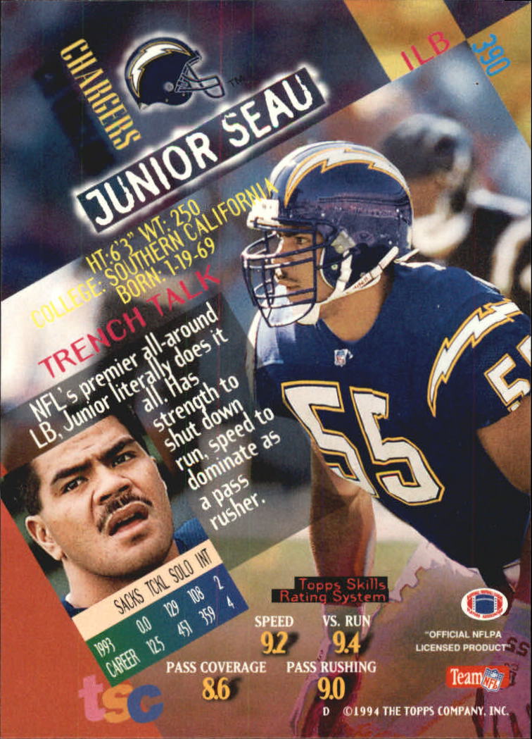 1994 Stadium Club Super Teams Super Bowl #390 Junior Seau back image