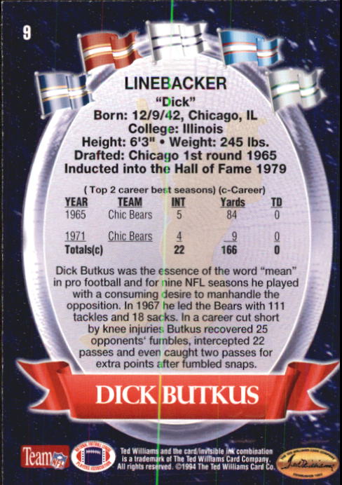 1994 Ted Williams #9 Dick Butkus back image