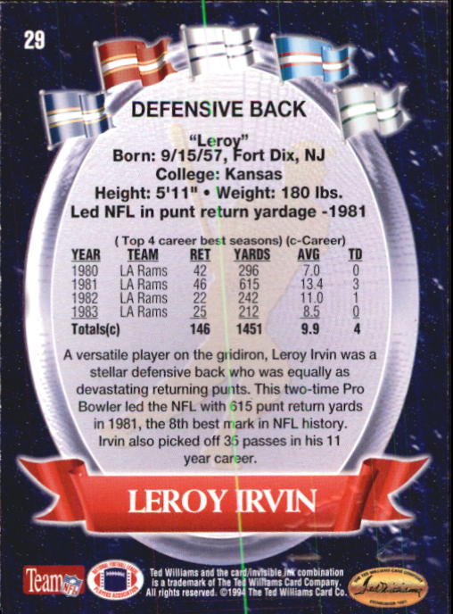 1994 Ted Williams #29 LeRoy Irvin back image