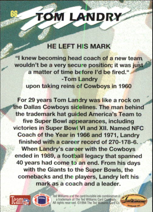 1994 Ted Williams #66 Tom Landry CO back image