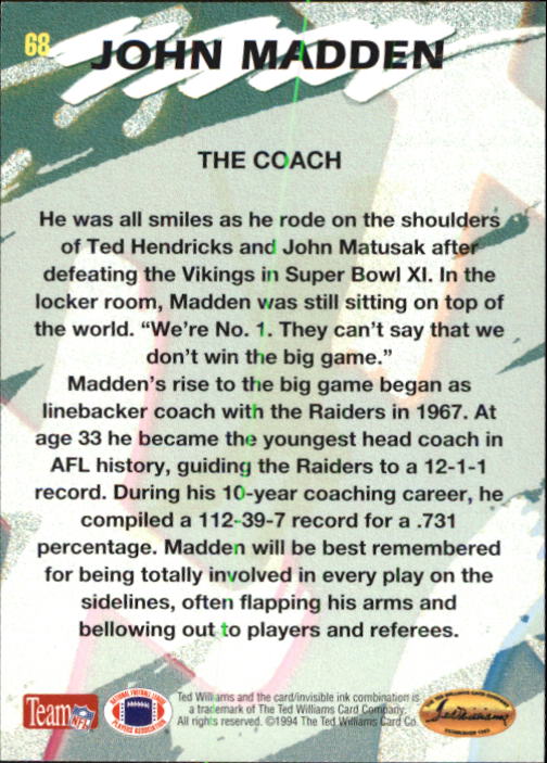 1994 Ted Williams #68 John Madden CO back image
