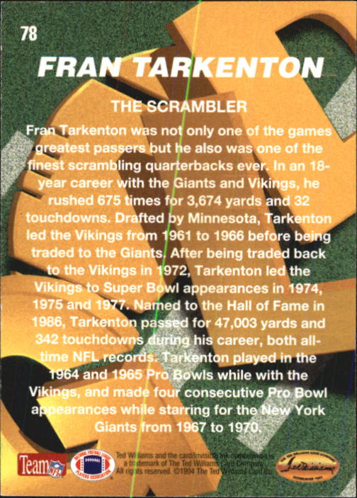 1994 Ted Williams #78 Fran Tarkenton back image