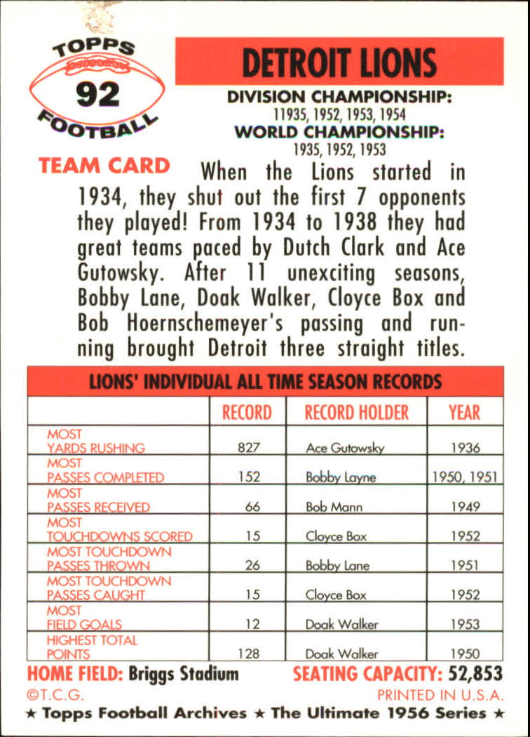 1994 Topps Archives 1956 #92 Detroit Lions back image