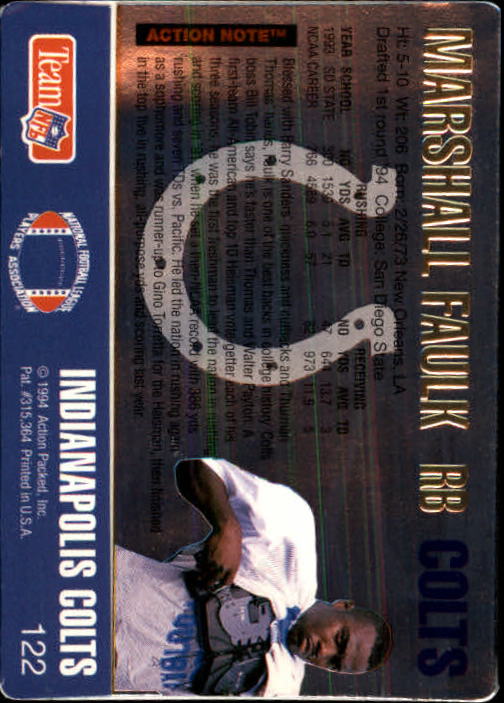 1994 Action Packed #122 Marshall Faulk RC back image