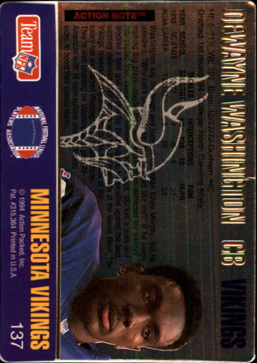 1994 Action Packed #137 Dewayne Washington RC back image