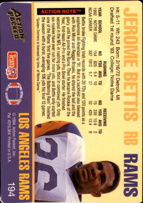 1994 Action Packed #194 Jerome Bettis GD back image