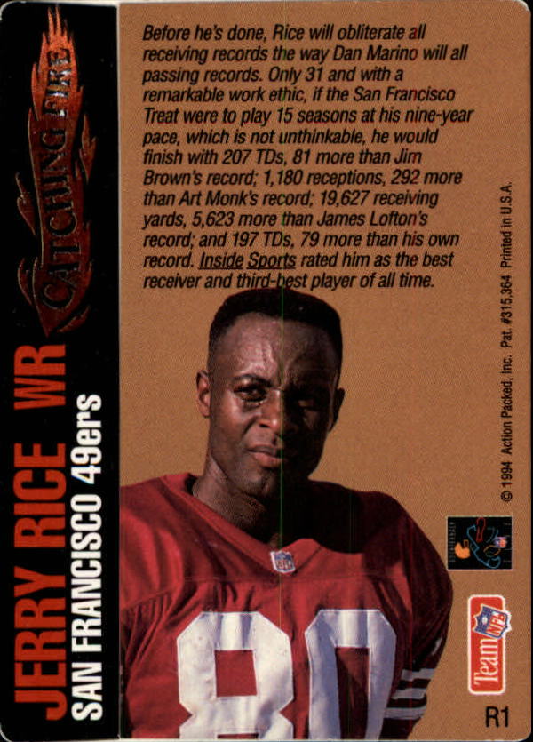 1994 Action Packed Catching Fire #R1 Jerry Rice back image