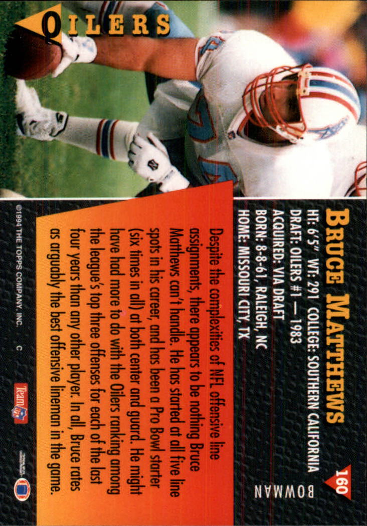 1994 Bowman #160 Bruce Matthews back image