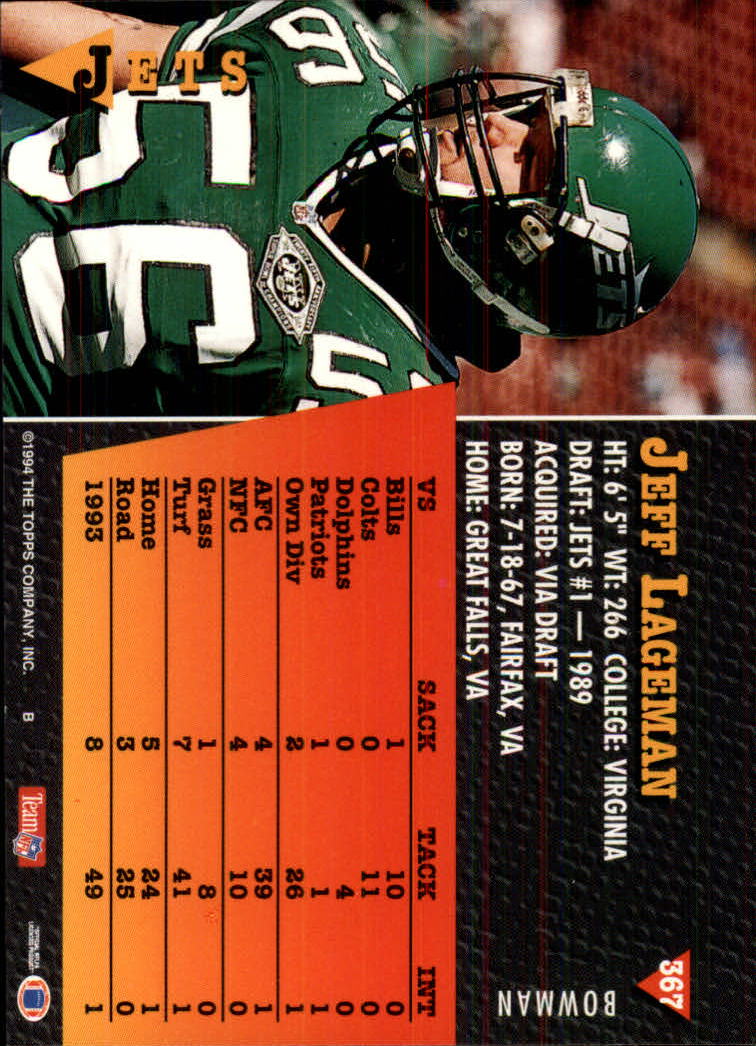 1994 Bowman #367 Jeff Lageman back image