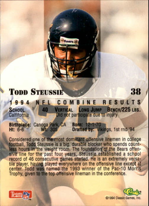 1994 Classic #38 Todd Steussie back image