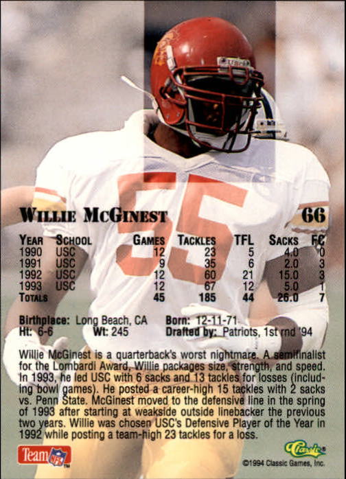 1994 Classic #66 Willie McGinest back image