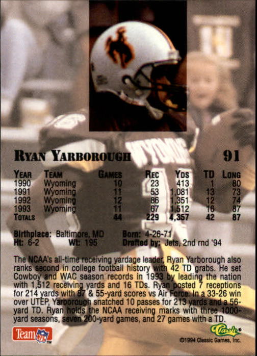 1994 Classic #91 Ryan Yarborough back image